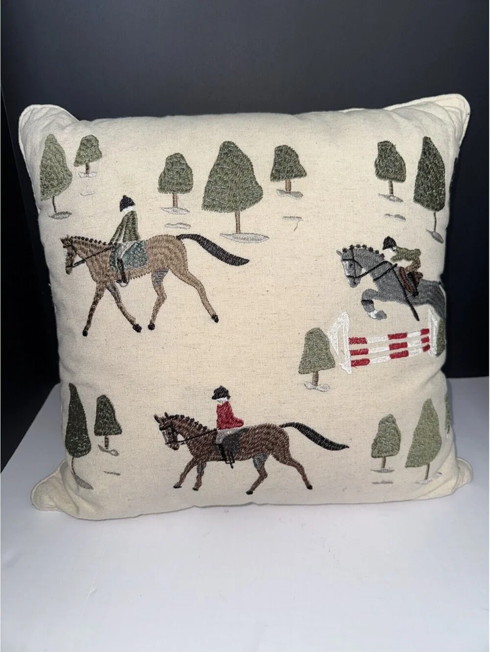 Retreat by Secret Celebrity Embroidered Horse Equestrian Decorative Pillow Beige